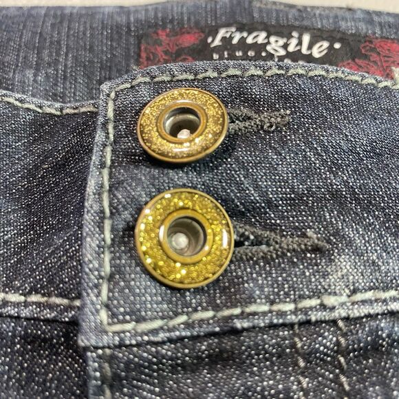 Vintage Y2K FRAGILE Jeans Low Rise Flare Glitter Button Dark Wash Womens 7 Blue - Picture 11 of 13
